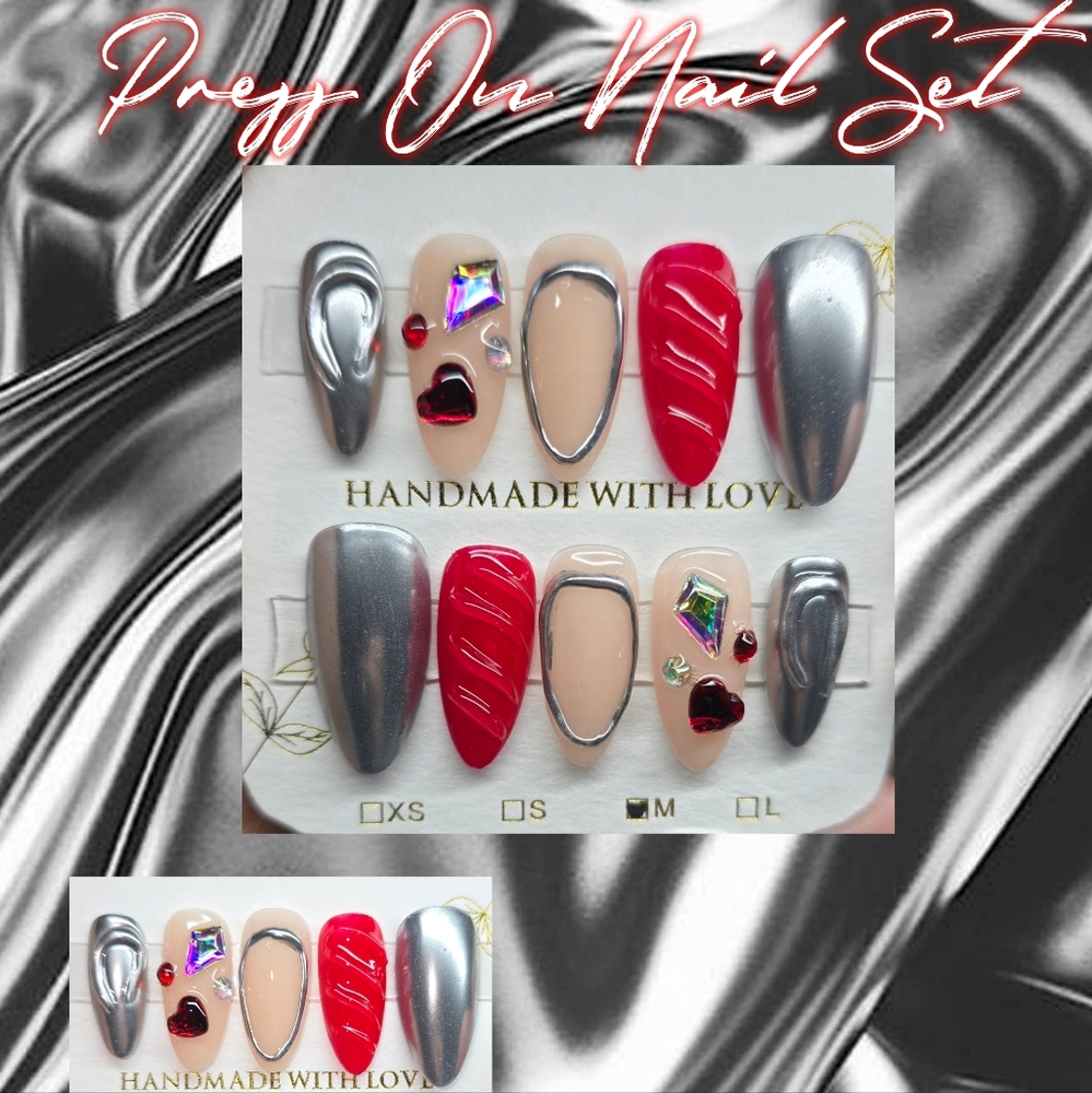 Red and Silver Press-On Nail Kit
